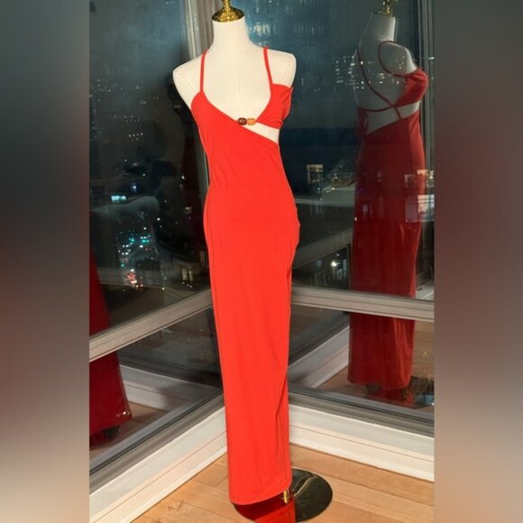 🆕 CHRISTOPHER ESBER 🧿 Crystal Cutaway Lycra Maxi Dress, Red/Orange, Sz AU8 US4 - Picture 4 of 16
